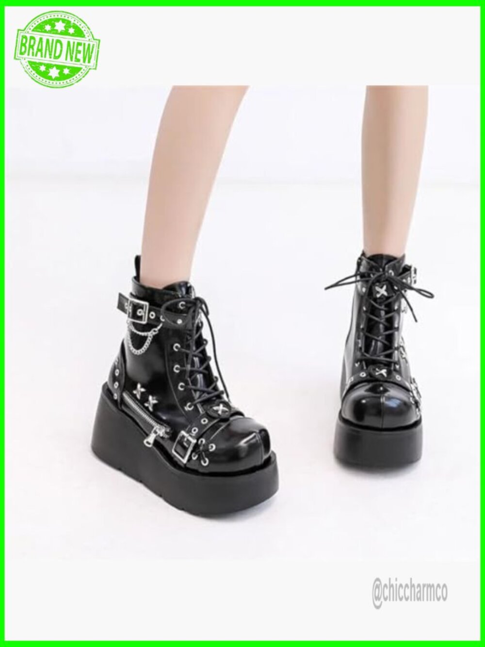 Gothic Chunky Block Heel Platform Ankle Boots with Bat Wing Buckle Punk Combat - Picture 3 of 6